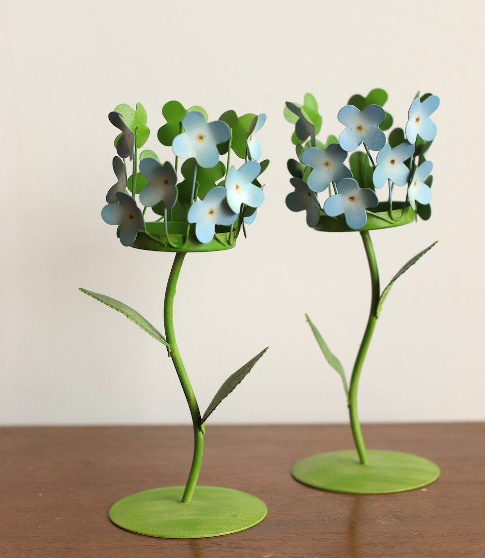 Pair of MCM Blue & Green Metal Hydrangea Candleholders