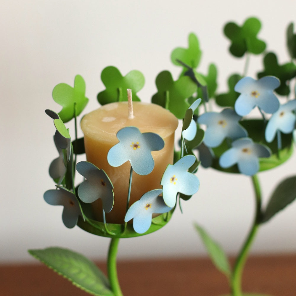 Pair of MCM Blue & Green Metal Hydrangea Candleholders