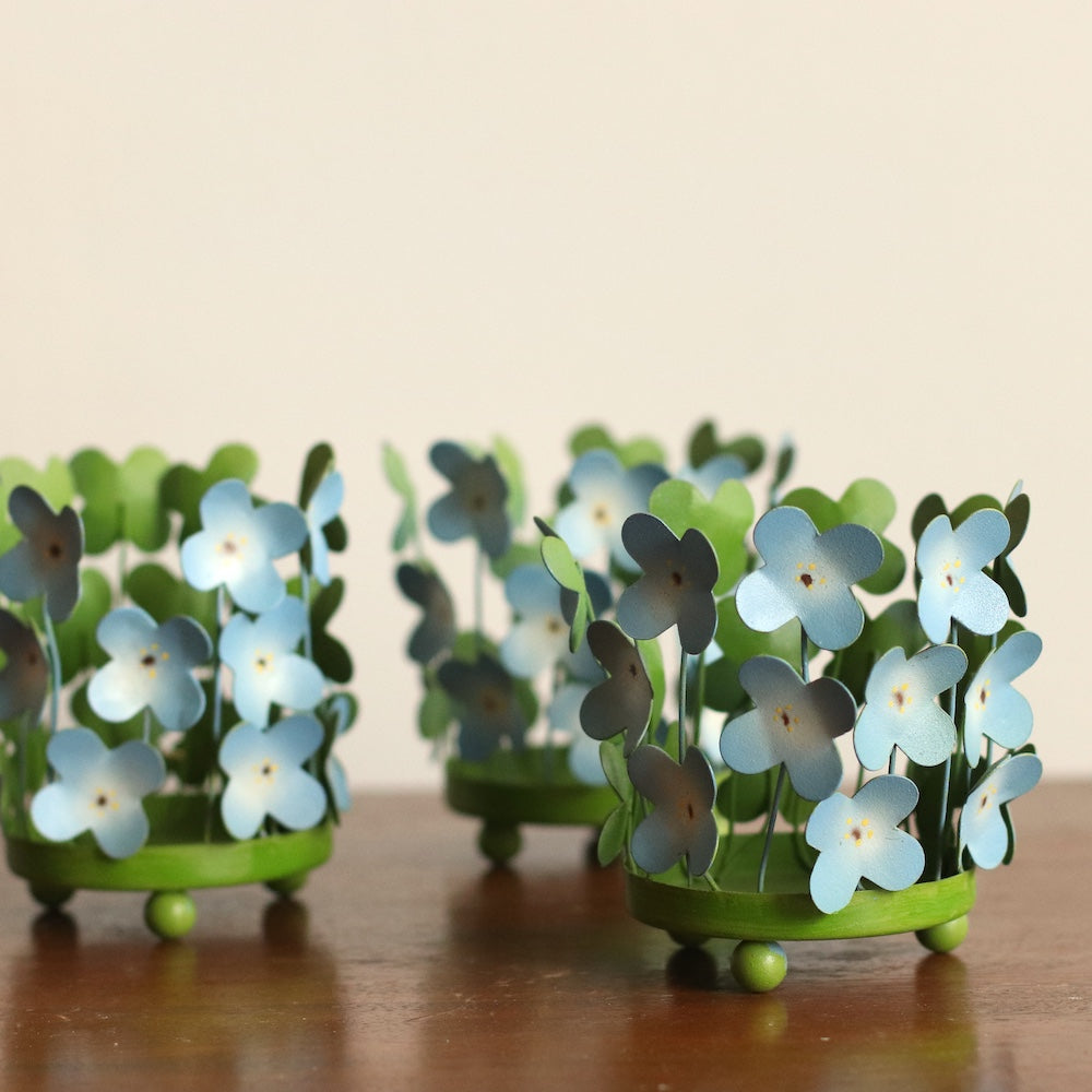 Set of MCM Blue & Green Metal Hydrangea Votive Candleholders
