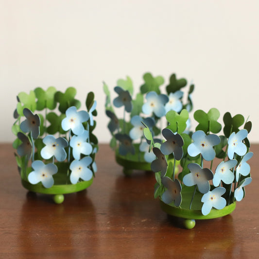 Set of MCM Blue & Green Metal Hydrangea Votive Candleholders