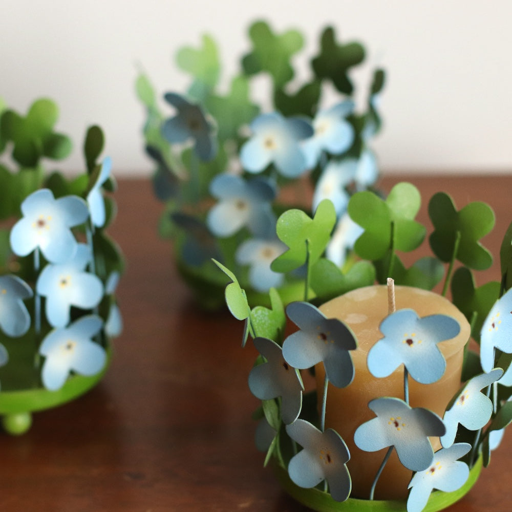 Set of MCM Blue & Green Metal Hydrangea Votive Candleholders