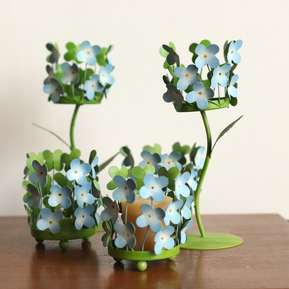 Set of MCM Blue & Green Metal Hydrangea Votive Candleholders