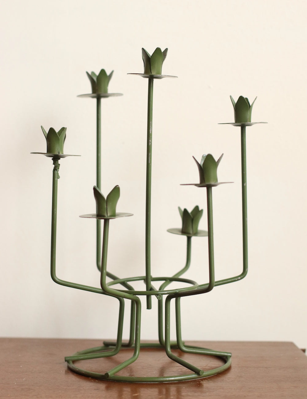 MCM Green Metal Flower Candelabra