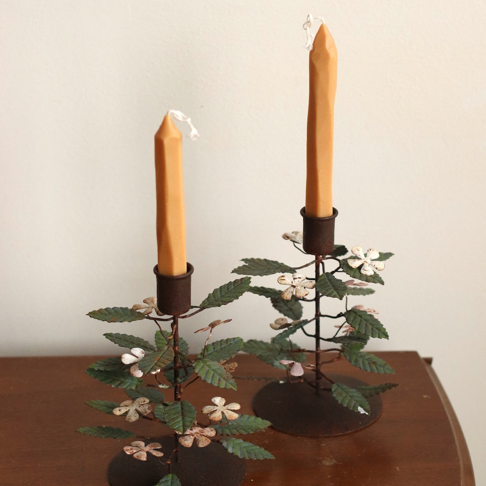 Pair of MCM Metal Floral Vine Candle Holders with White Flowers