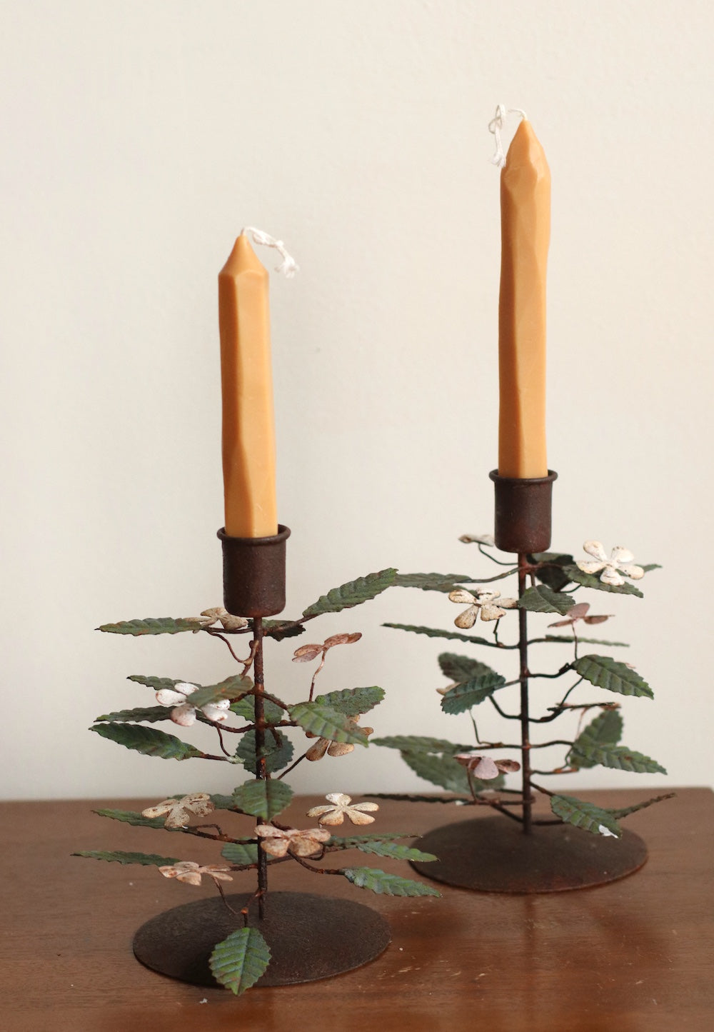 Pair of MCM Metal Floral Vine Candle Holders with White Flowers