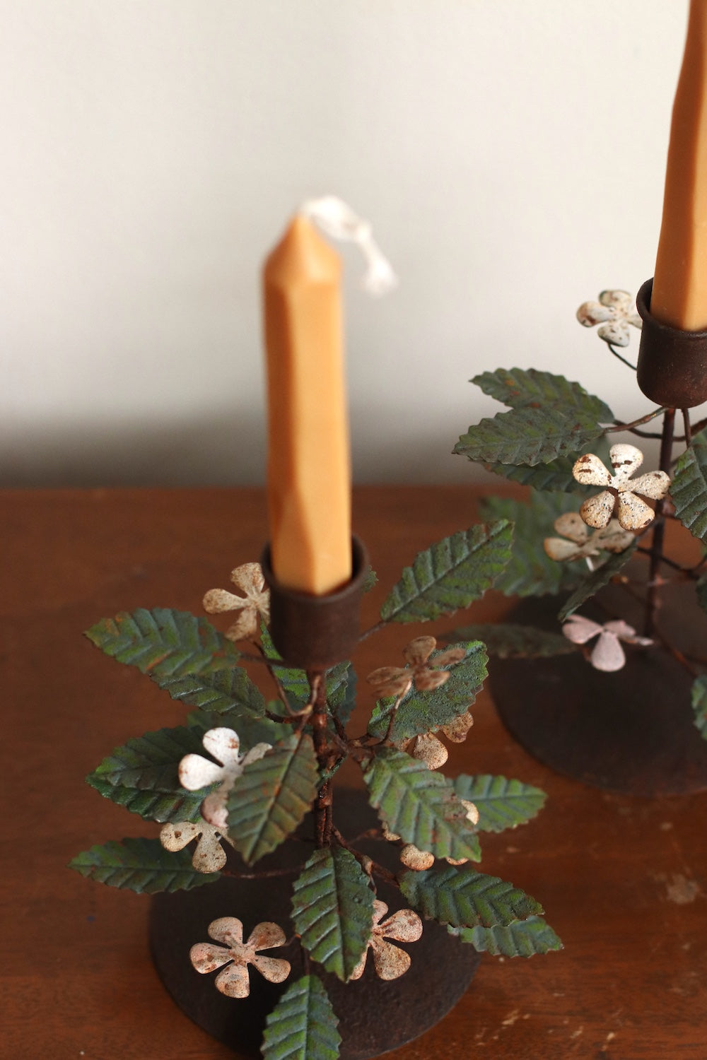 Pair of MCM Metal Floral Vine Candle Holders with White Flowers