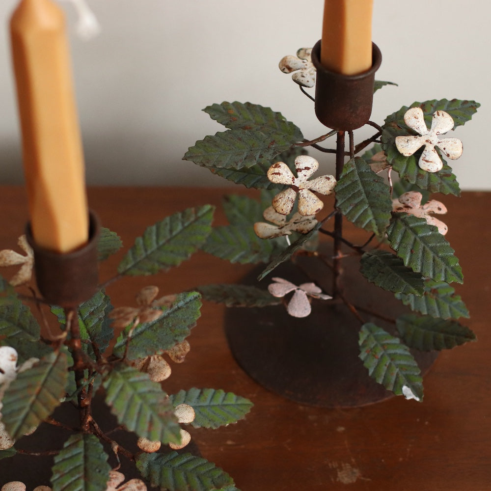 Pair of MCM Metal Floral Vine Candle Holders with White Flowers