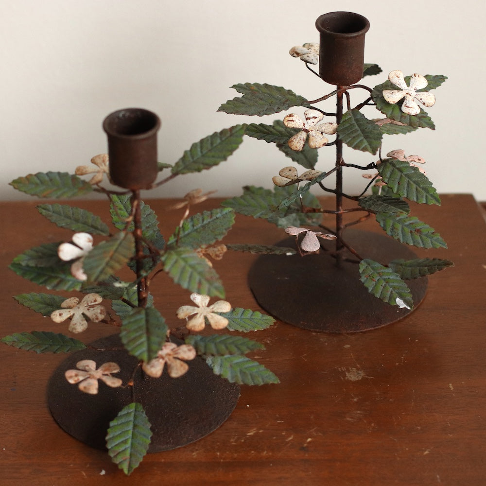 Pair of MCM Metal Floral Vine Candle Holders with White Flowers
