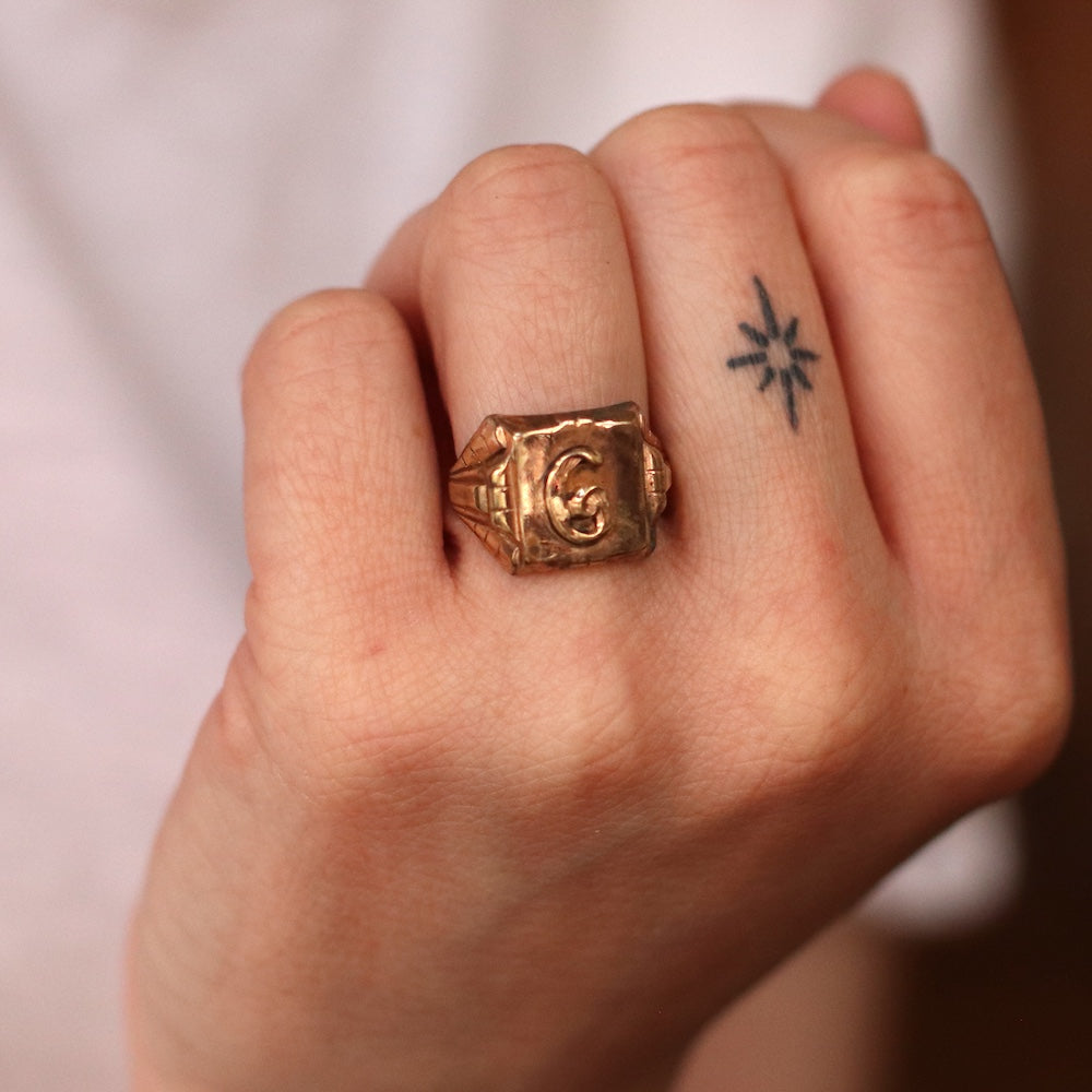 Vintage Engraved "G" Square Signet Ring, Adjustable