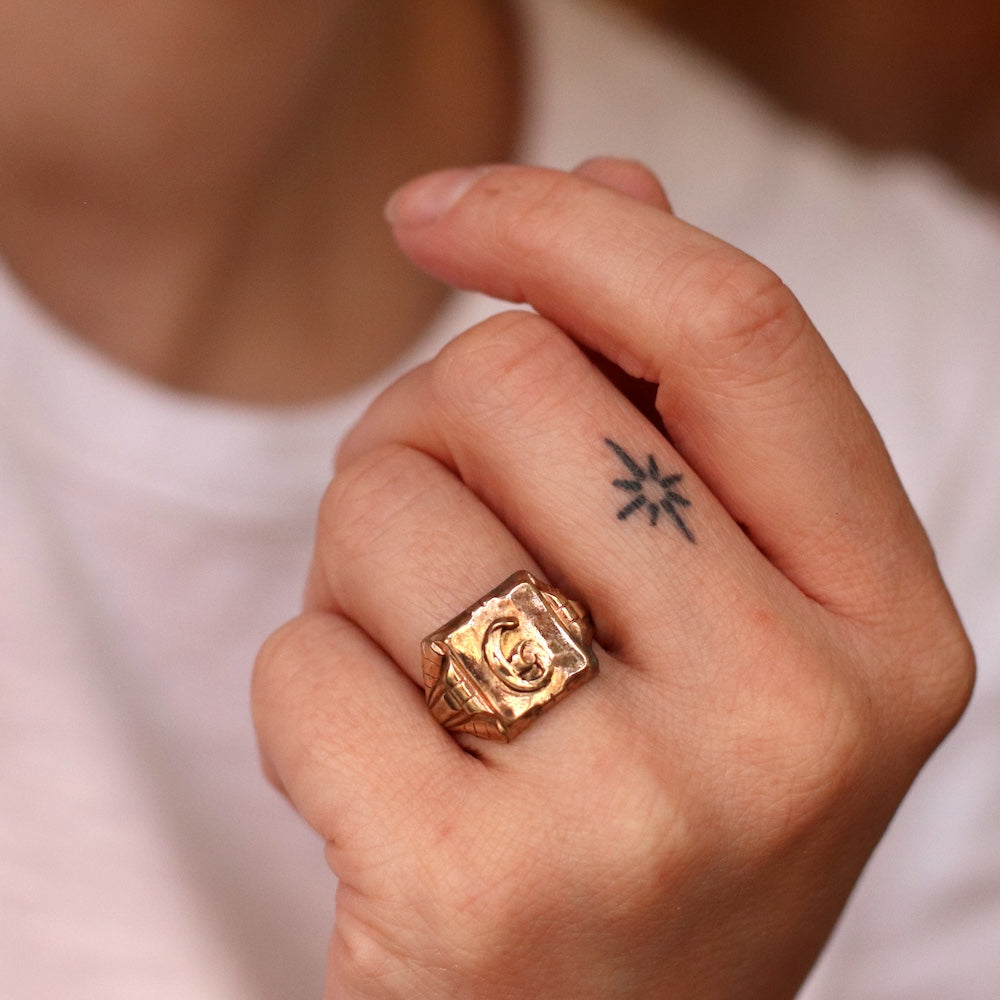Vintage Engraved "G" Square Signet Ring, Adjustable