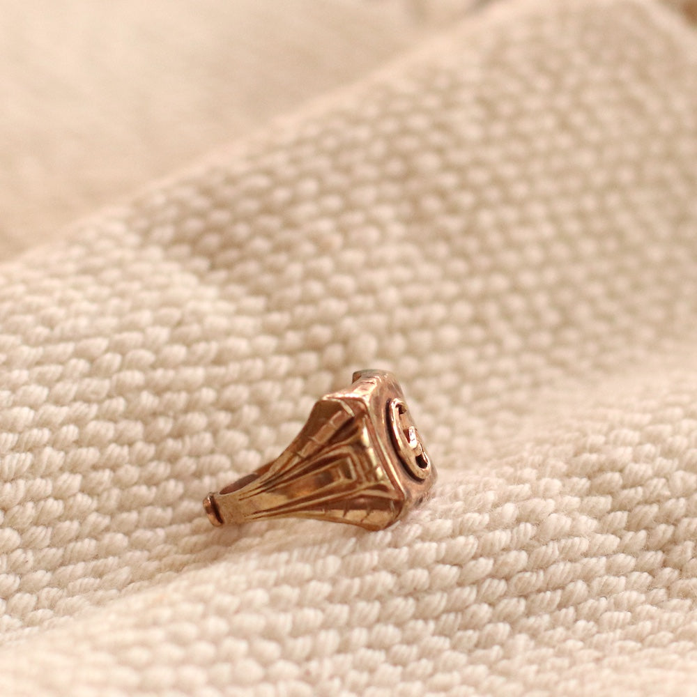Vintage Engraved "G" Square Signet Ring, Adjustable
