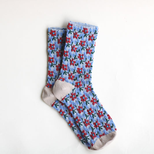 Retro Floral Mid-Calf Socks in Blue