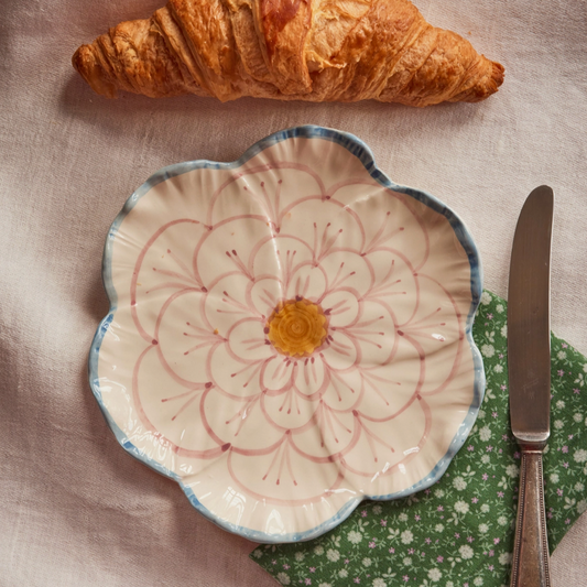 Rice  | Hand Painted Floral Plate wit Blue Edge