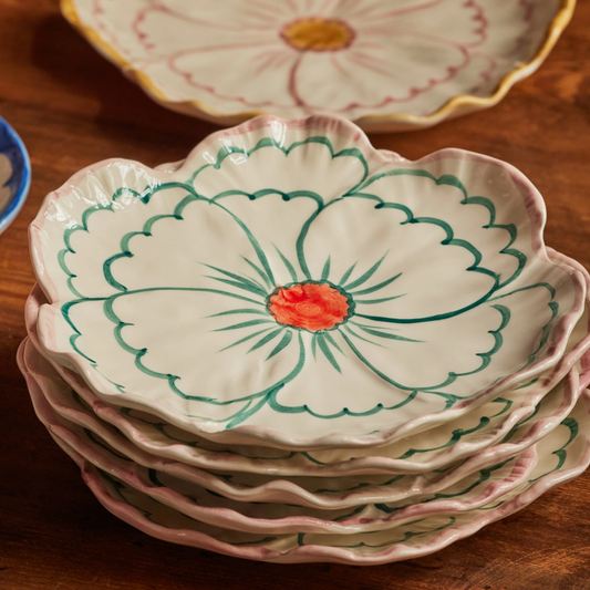 Rice  | Hand Painted Floral Plate wit Pink Edge