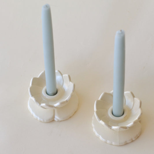 White Ceramic Lotus Flower Candlesticks, Pair