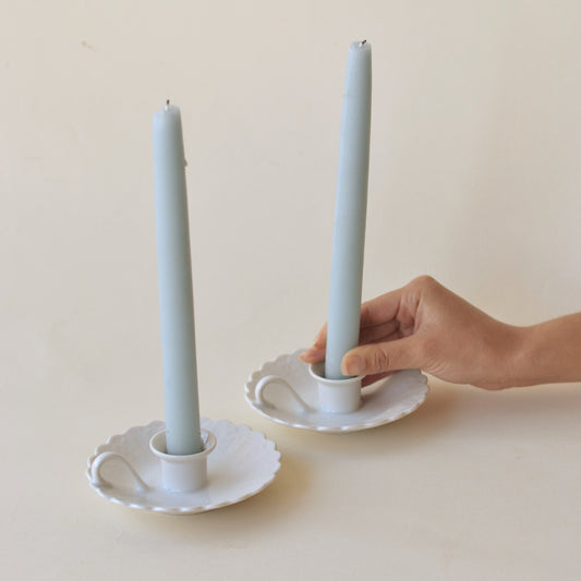 White Candlesticks with Drip Base and Small Handle