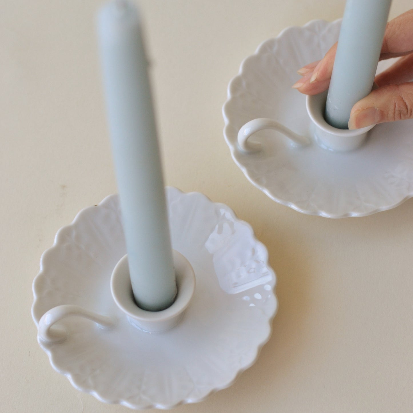 White Candlesticks with Drip Base and Small Handle