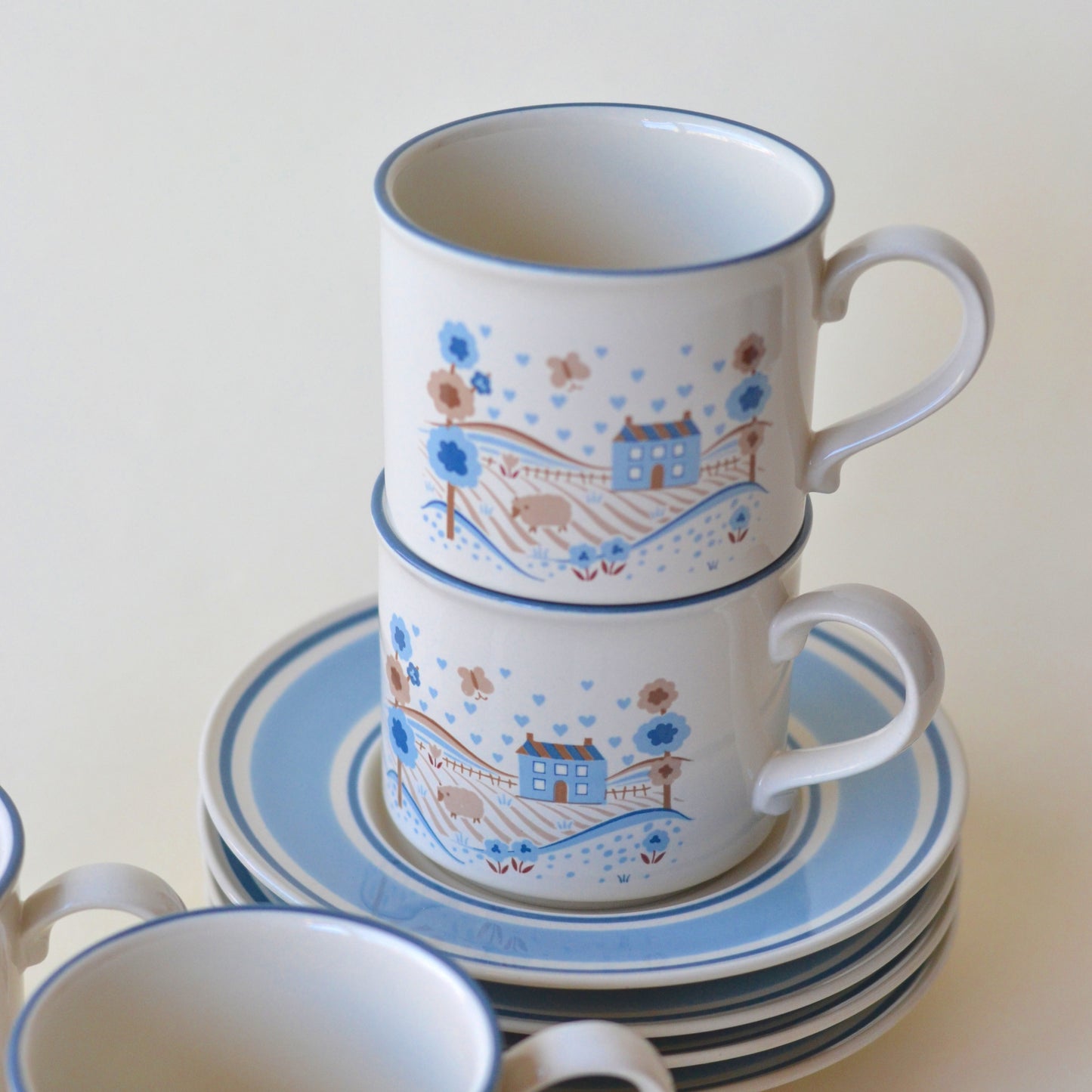 Quaint Country Mugs and Plates, Set of 4