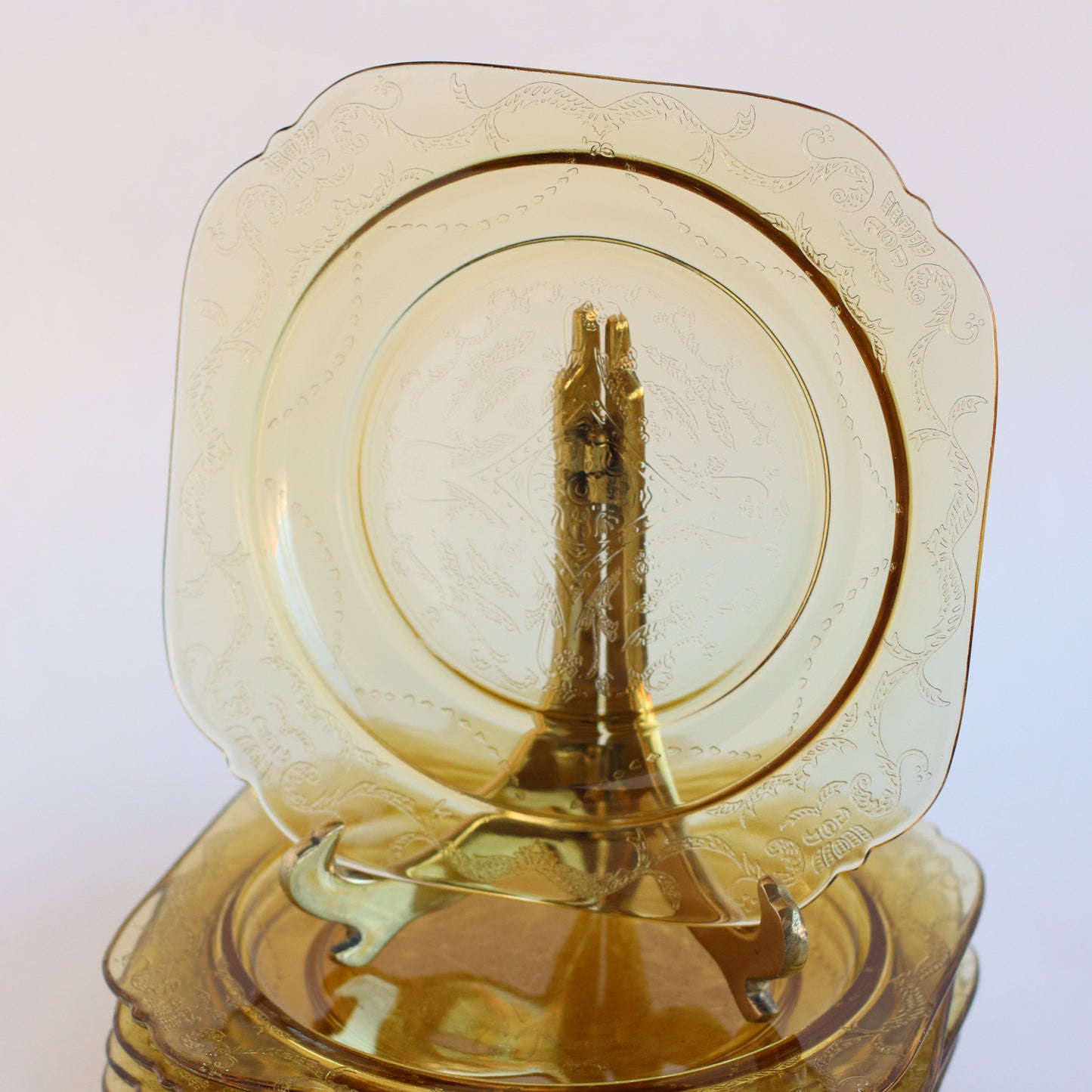 Amber Glass Square Etched Plates, Set of 5