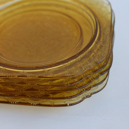 Amber Glass Square Etched Plates, Set of 5