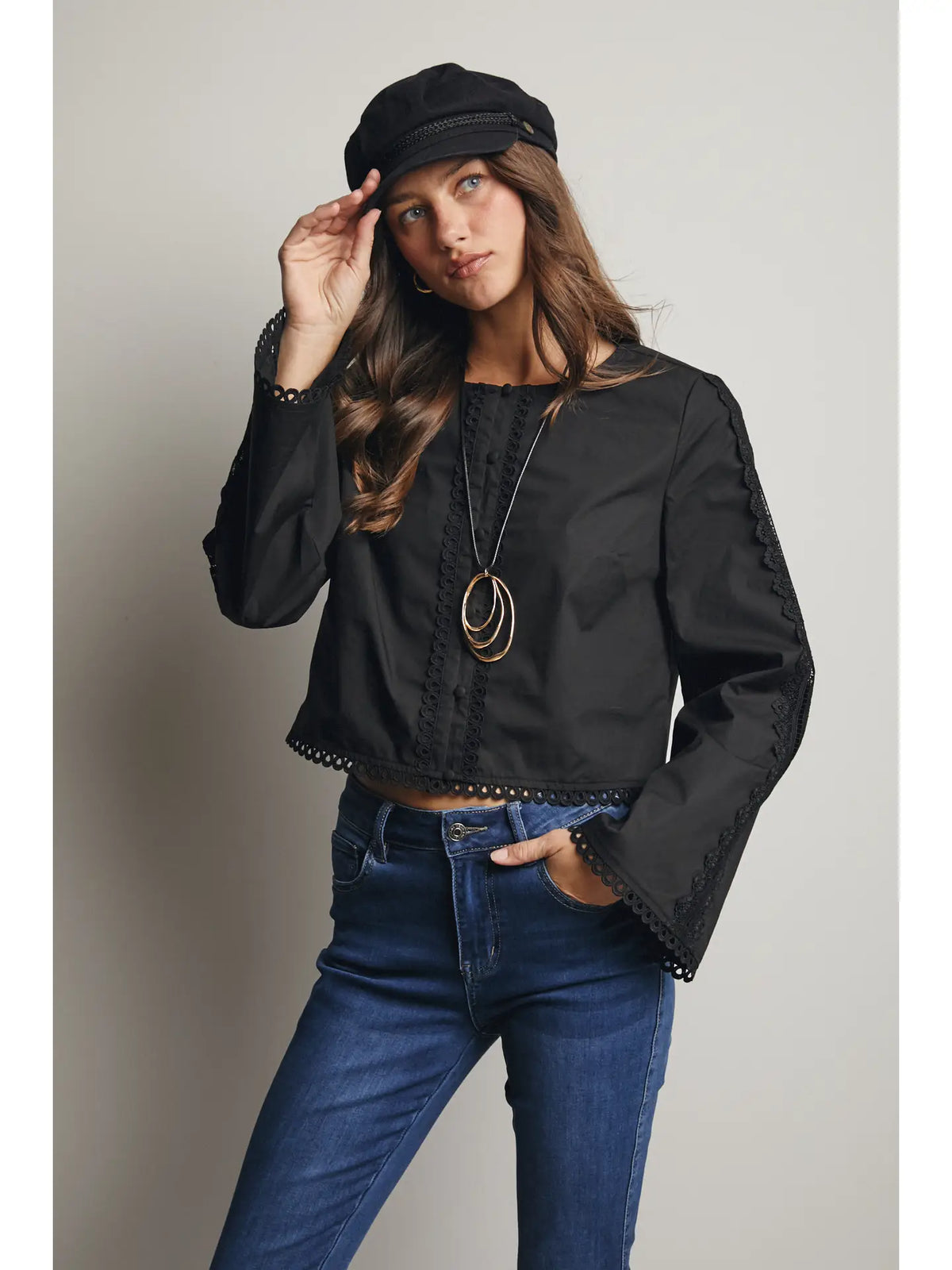 Eyelet Trim Cropped Blouse
