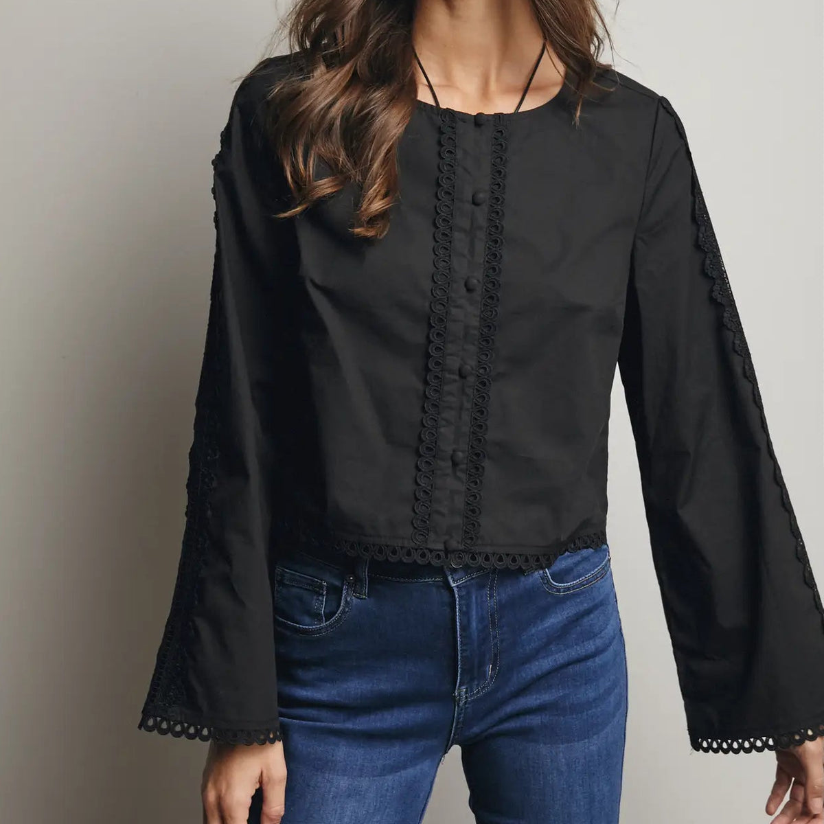 Eyelet Trim Cropped Blouse
