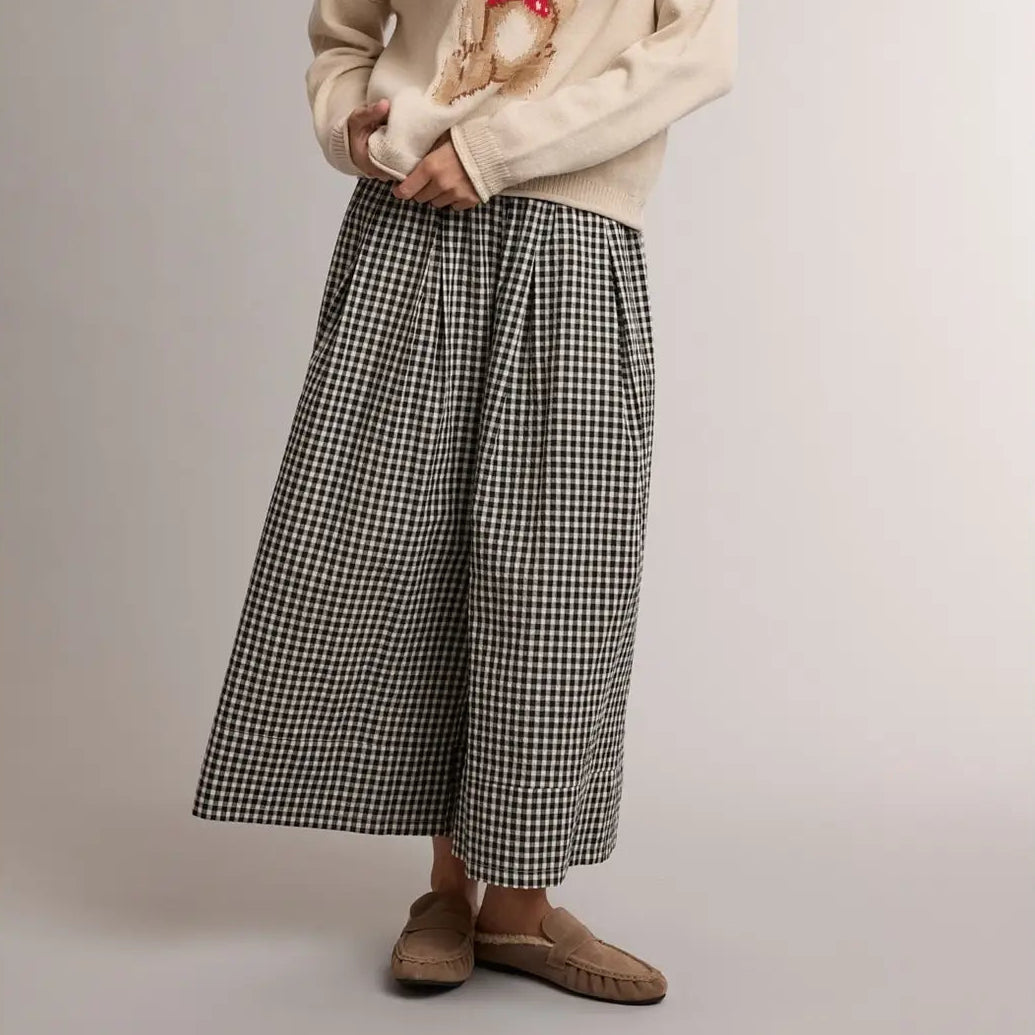 Black Gingham Wide Leg Pull On Pant