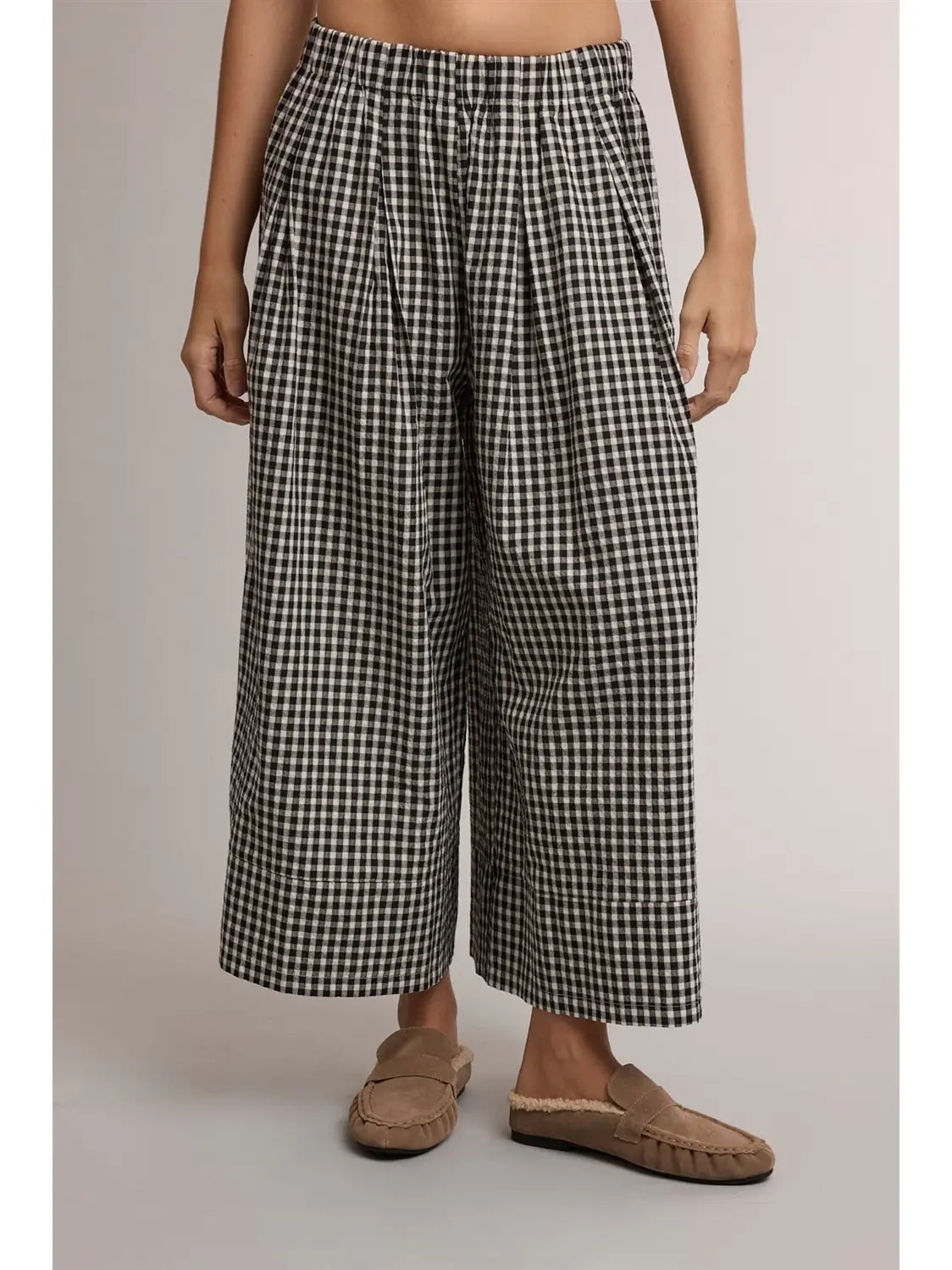 Black Gingham Wide Leg Pull On Pant