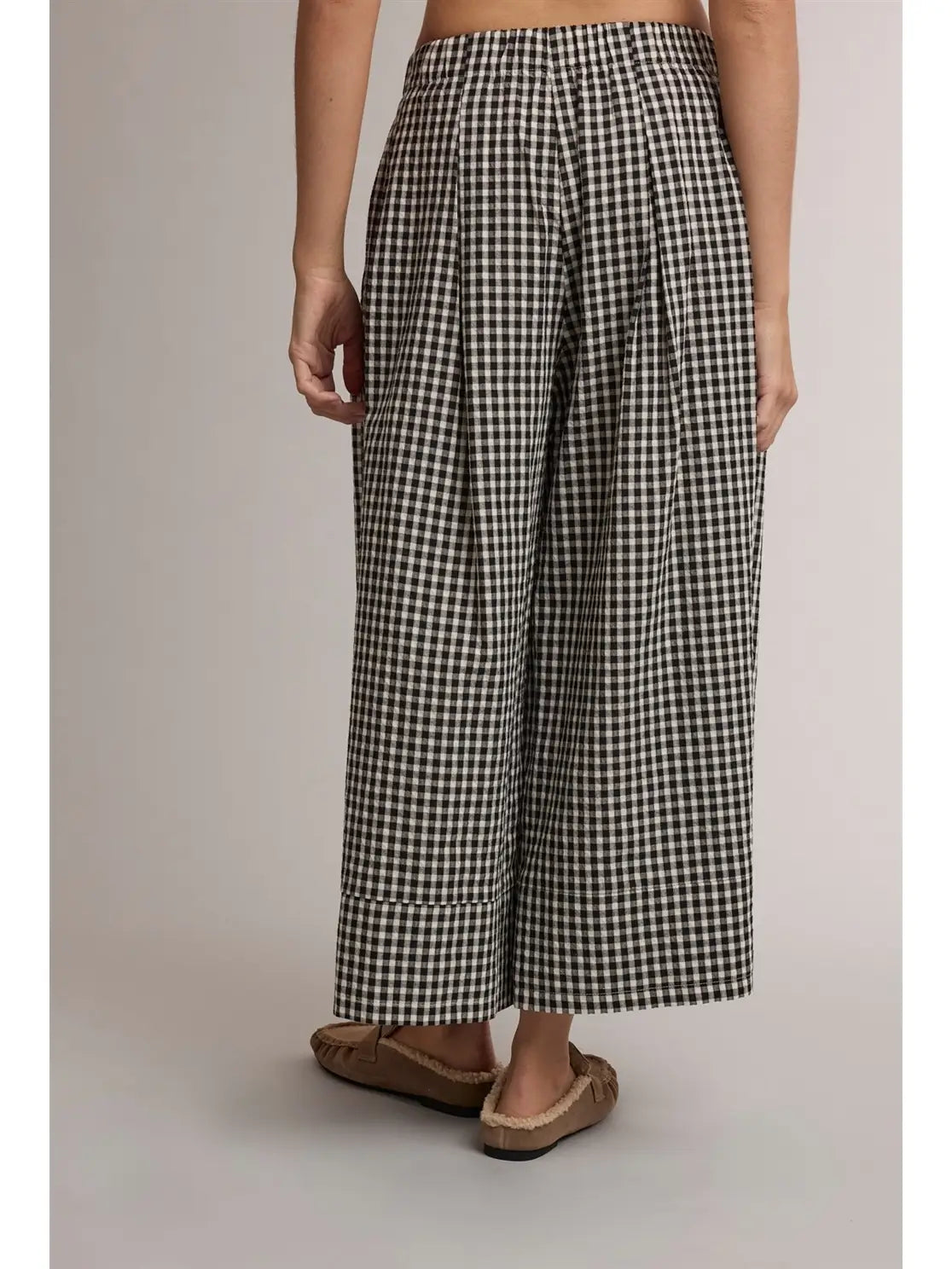 Black Gingham Wide Leg Pull On Pant