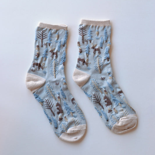 Tiepology | Winter Forest Sock, Oatmeal and Denim