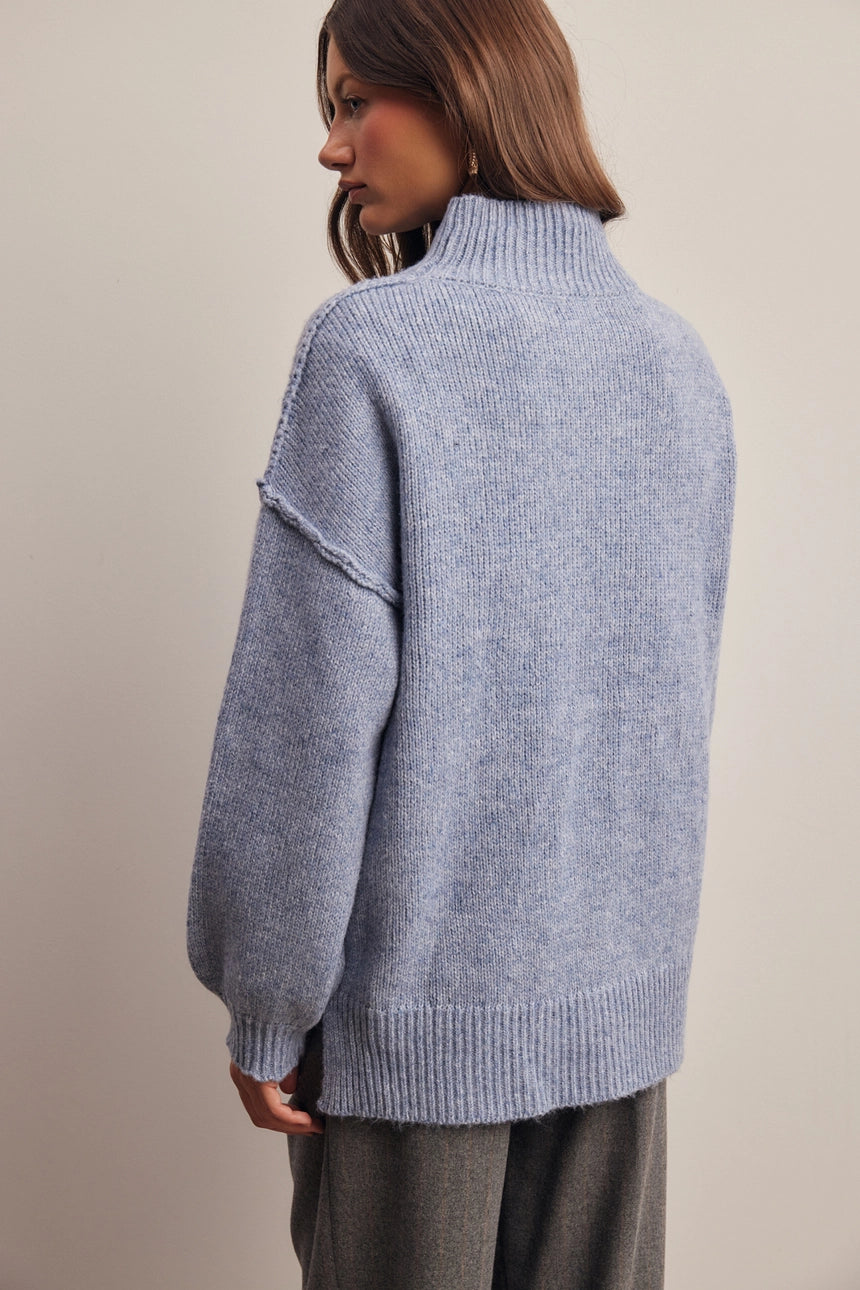 Mock Neck Oversized Knit Sweater, Blue