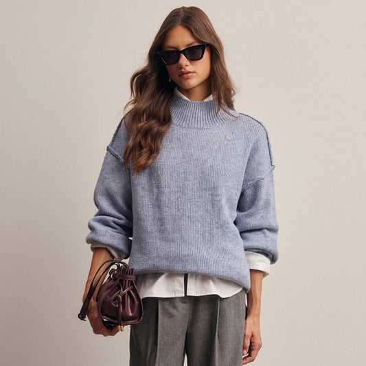 Mock Neck Oversized Knit Sweater, Blue