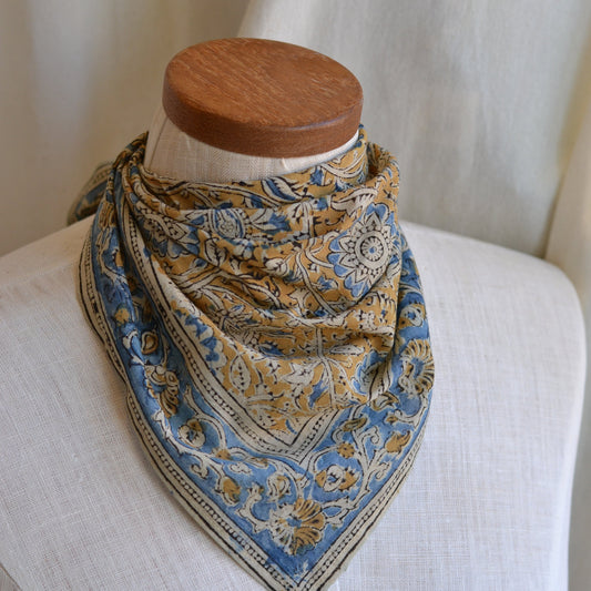 White Lotus Fashions |  Kalamkari Cotton Bandana-Blue and Gold Floral