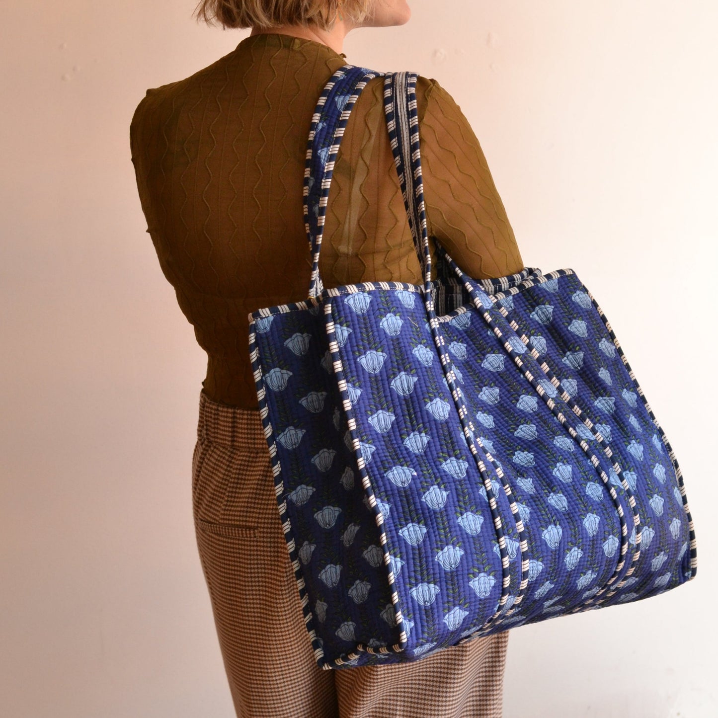 Gypsy Studio | Quilted Cotton Block Printed Tote Bag, Blue