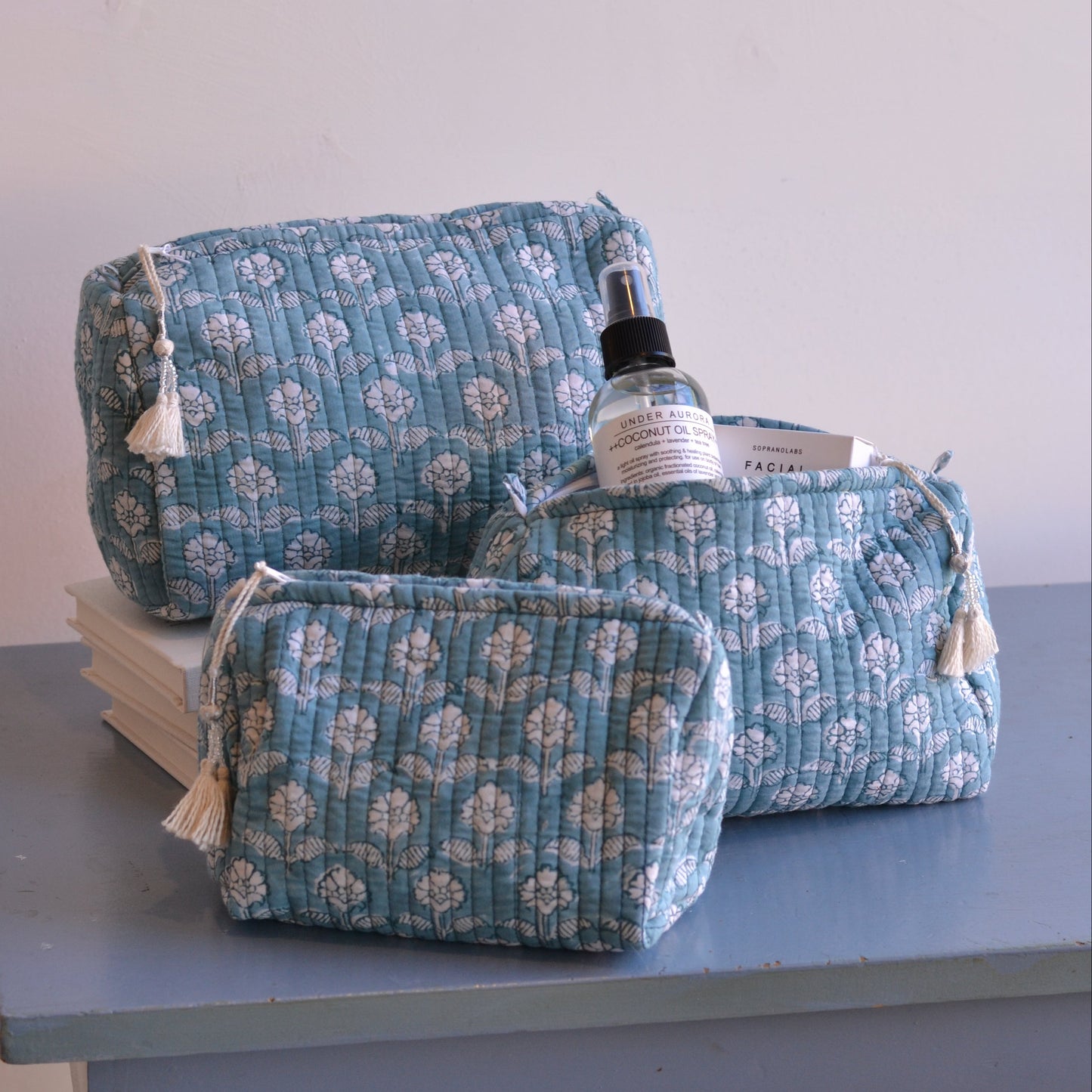 Gypsy Studio | Quilted Cotton Block Printed Cosmetic Bag, Light Blue with White Flowers