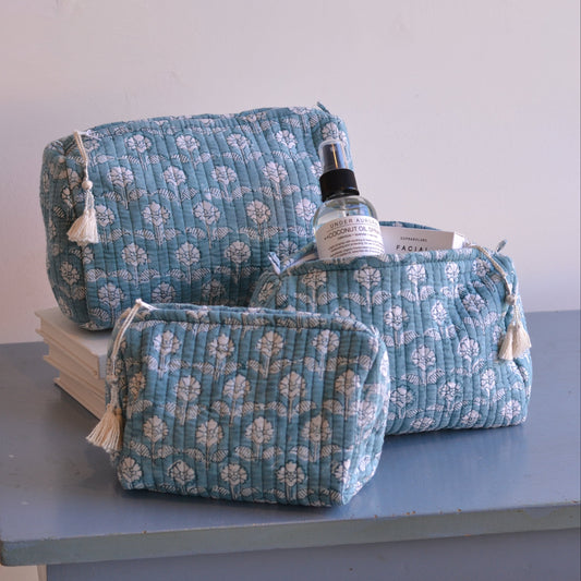 Gypsy Studio | Quilted Cotton Block Printed Cosmetic Bag, Light Blue with White Flowers