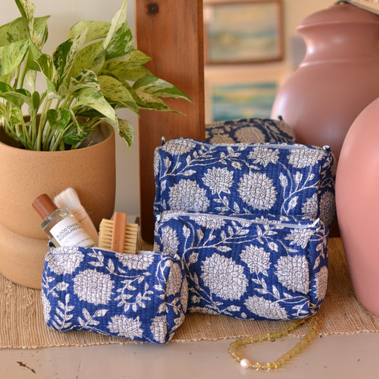 Gypsy Studio | Quilted Cotton Block Printed Cosmetic Bag, Blue with White Flowers