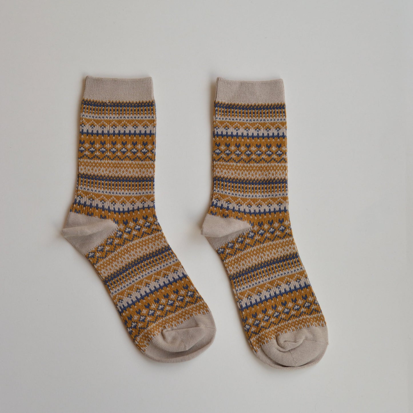 Winter Socks | Faire Isle Pattern Socks, Blue and Gold