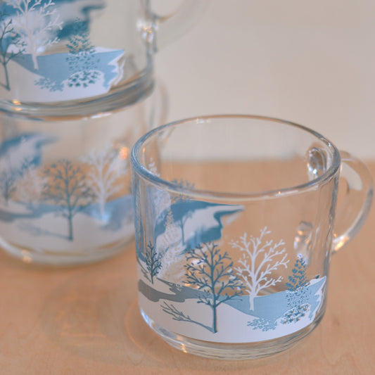 Blue and White Winter Scene Glass Mugs, Set of 4
