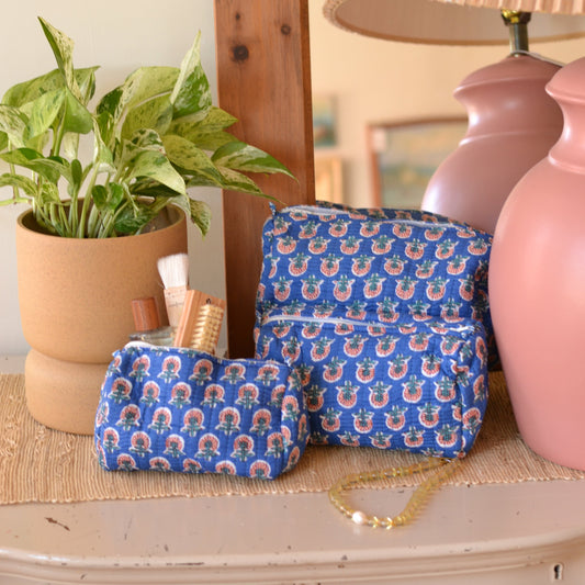 Gypsy Studio | Quilted Cotton Block Printed Cosmetic Bag, Blue with Pink Flowers