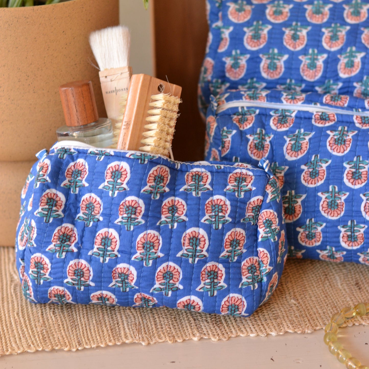 Gypsy Studio | Quilted Cotton Block Printed Cosmetic Bag, Blue with Pink Flowers
