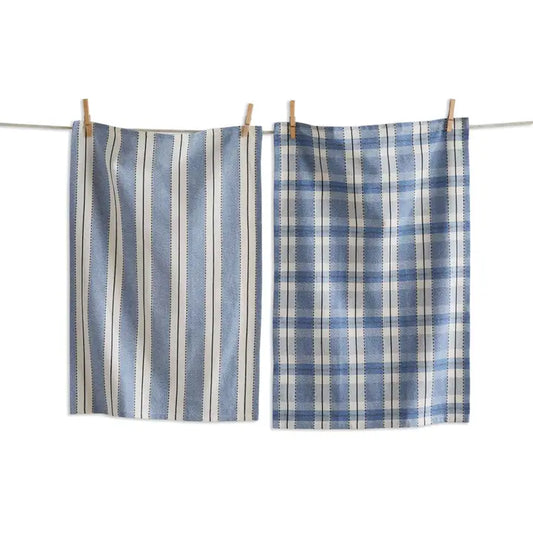 Cotton Towel | Blue Stripe and Plaid, Set of 2