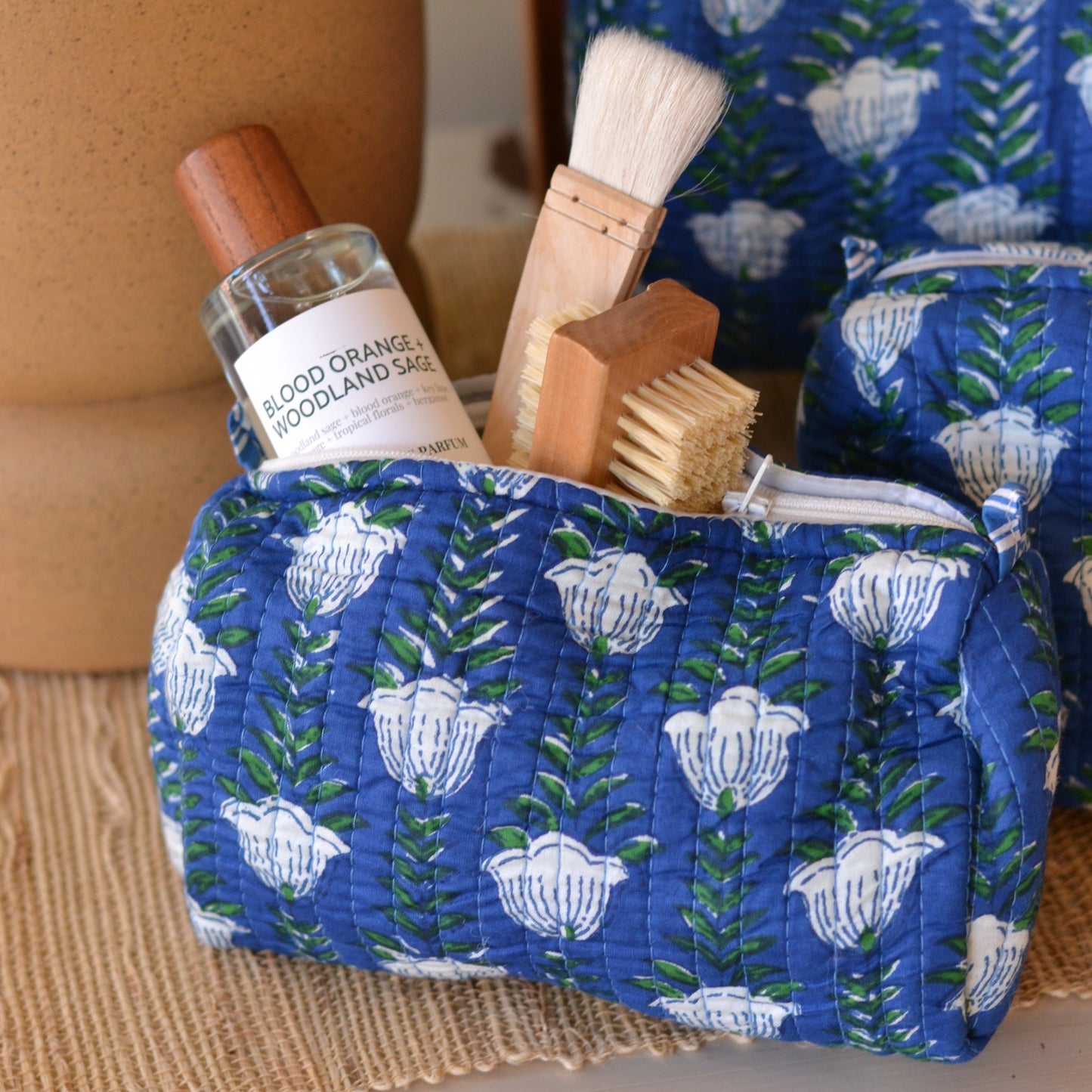 Gypsy Studio | Quilted Cotton Block Printed Cosmetic Bag, Blue with White Flowers and Green Leaves