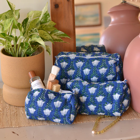 Gypsy Studio | Quilted Cotton Block Printed Cosmetic Bag, Blue with White Flowers and Green Leaves