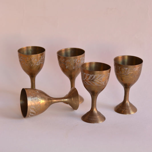 Brass Etched Small Goblets, Set of 5