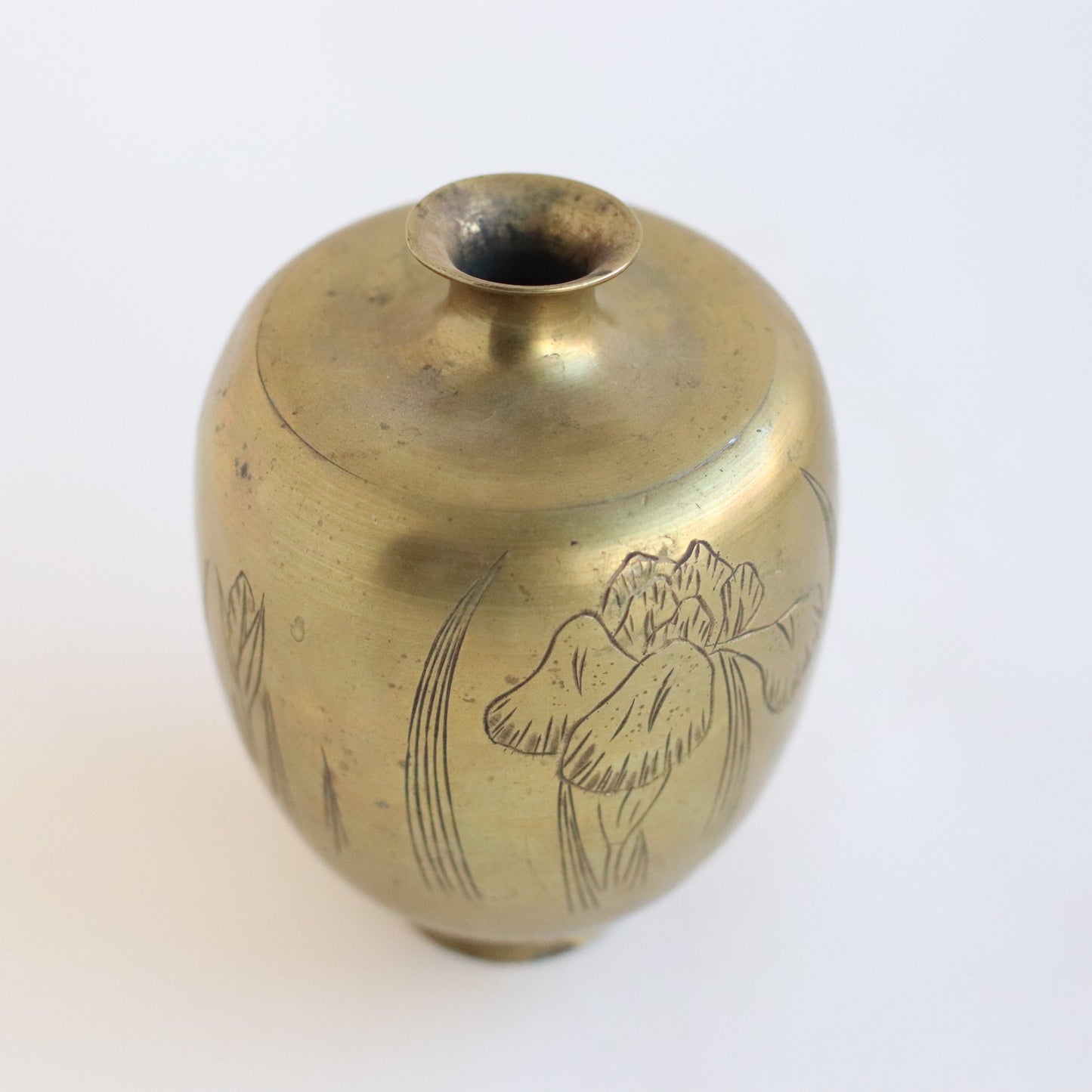 Small Brass Vase with Iris Flower Etching