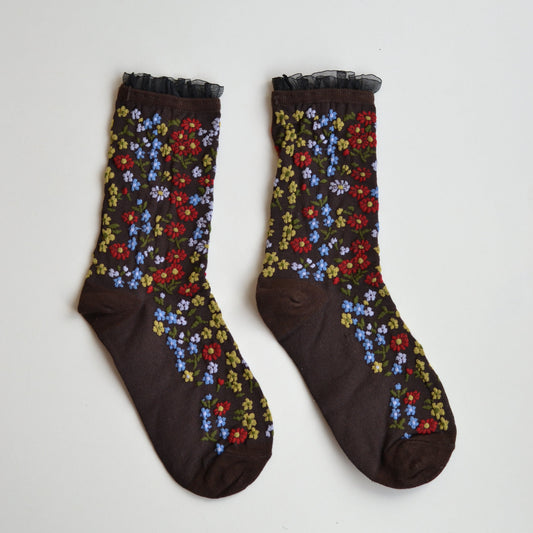 Fall Socks | Chocolate Brown with Primary Color Flowers