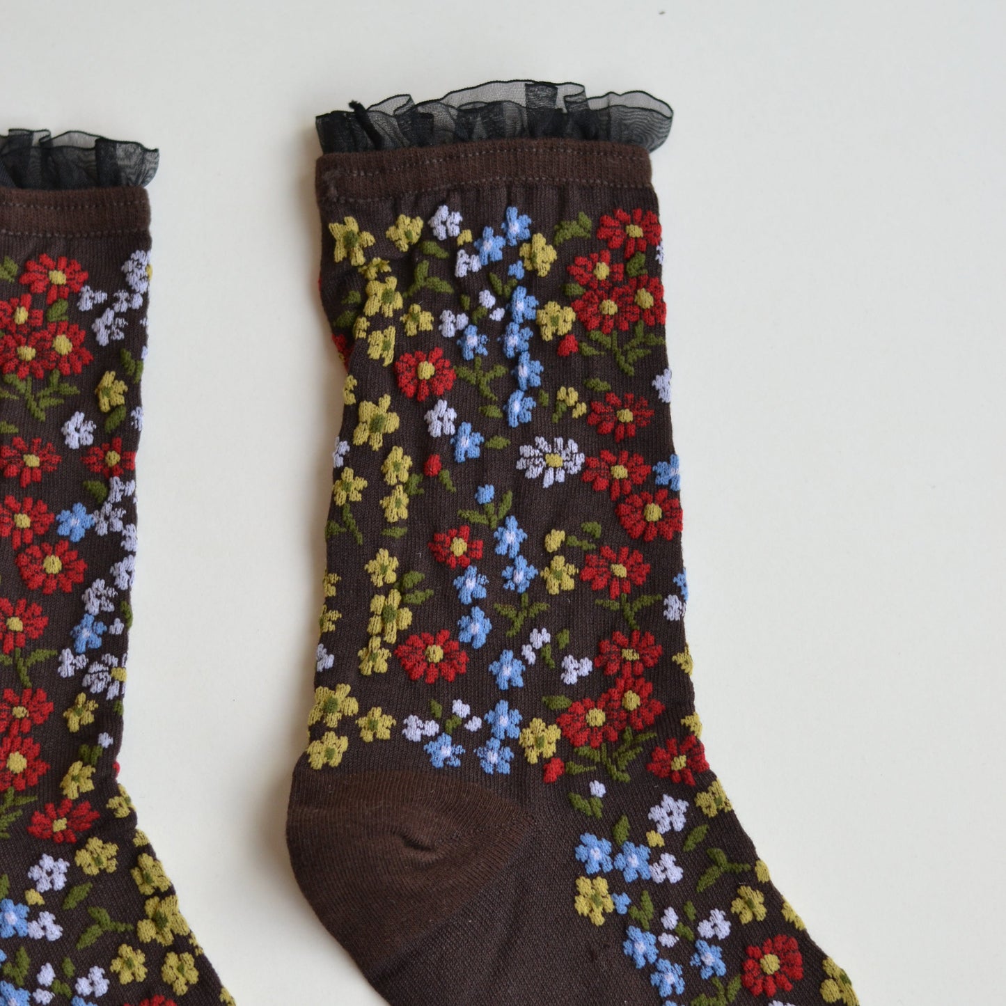 Fall Socks | Chocolate Brown with Primary Color Flowers