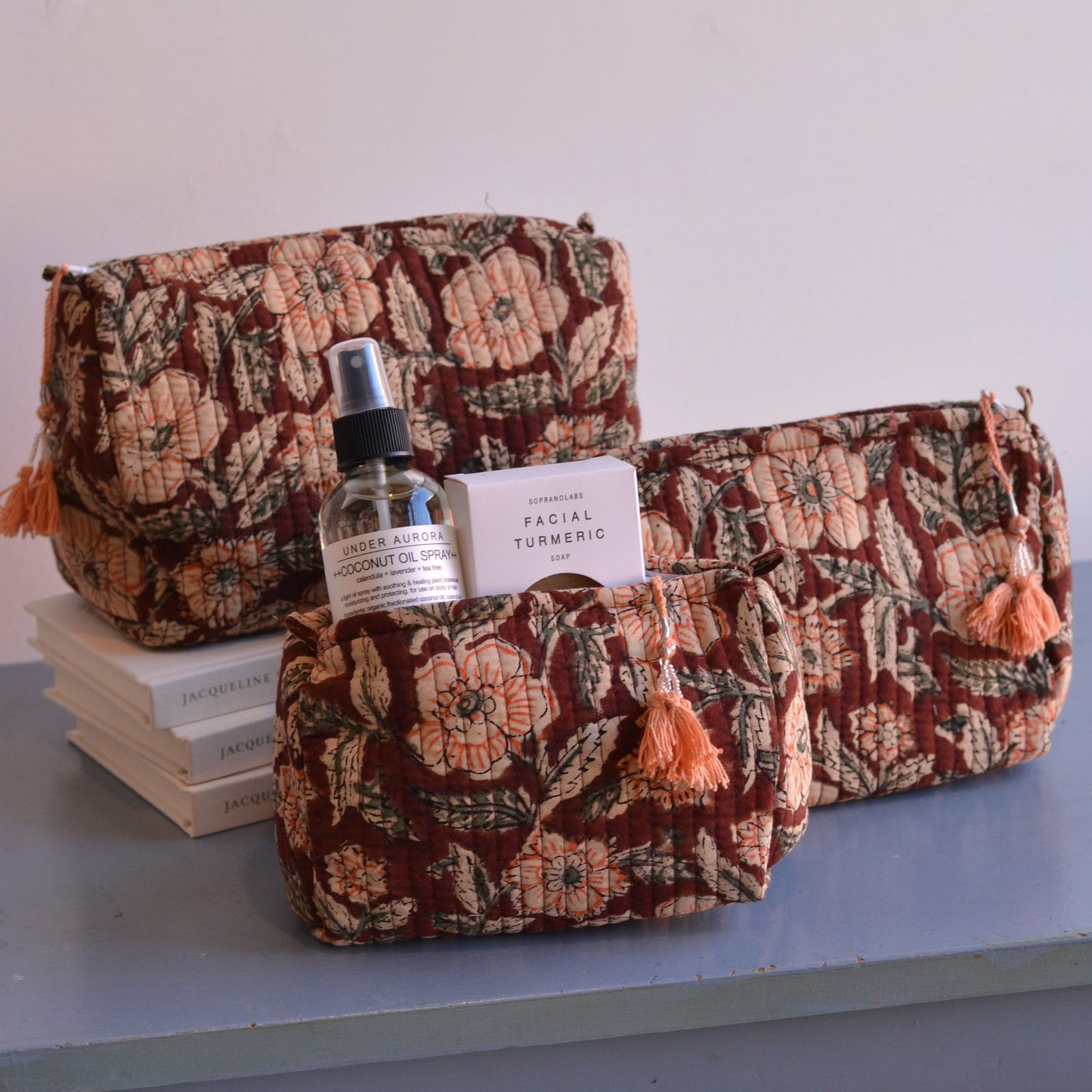 Gypsy Studio | Quilted Cotton Block Printed Cosmetic Bag, Brown with Orange Accent Florals