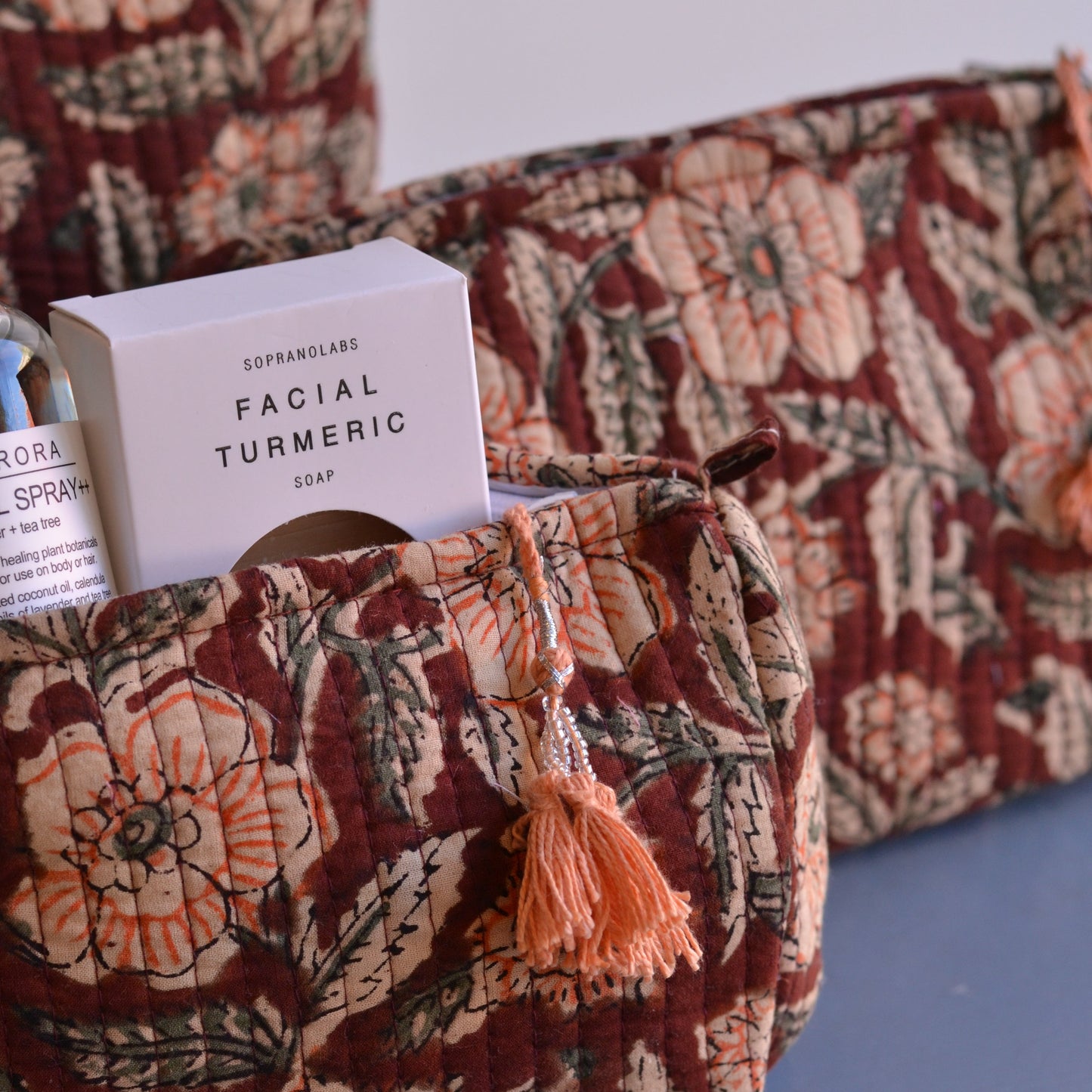 Gypsy Studio | Quilted Cotton Block Printed Cosmetic Bag, Brown with Orange Accent Florals
